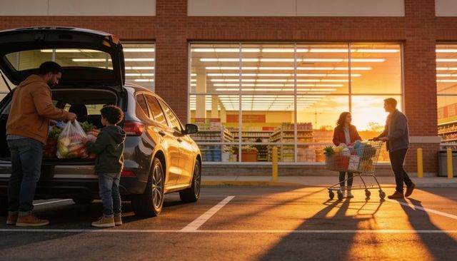 Family loading groceries into suv at sunset outside supermarket, child helping cart