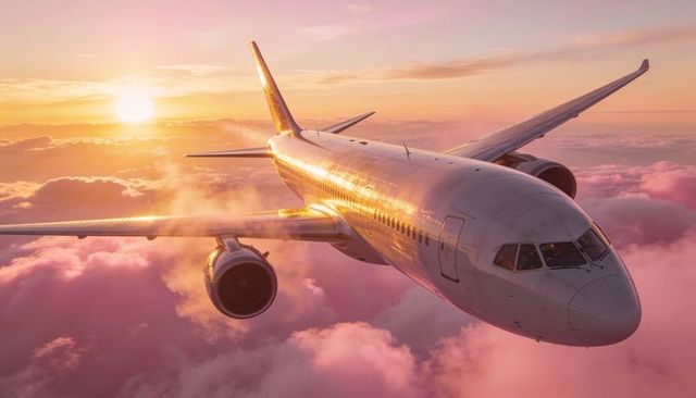 Commercial jet cruising above pink clouds at sunrise, sunlight glinting on fuselage