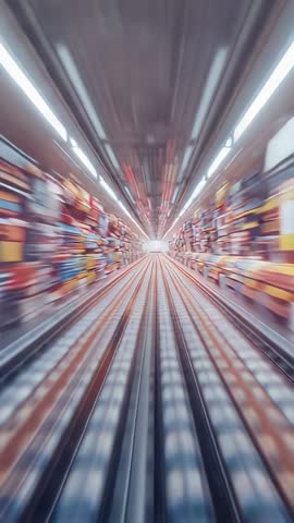 Vertical warehouse aisle camera rolling through motion-blurred shelves toward bright exit