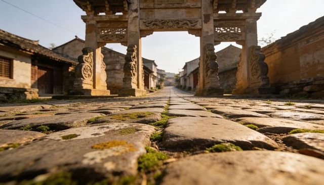 Sunlit carved arch framing mossy cobbles on historic village lane at golden hour