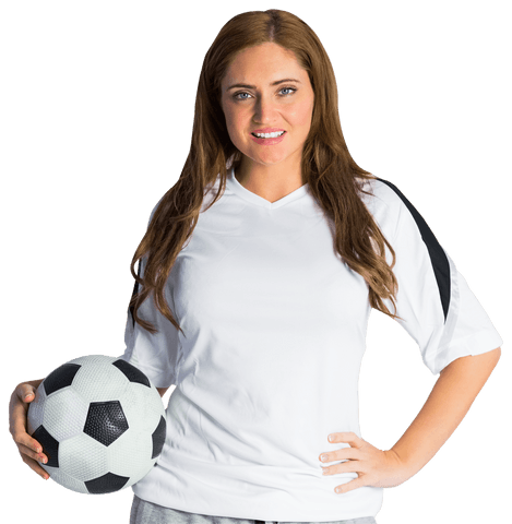Confident Female Soccer Fan with Ball on Transparent Background