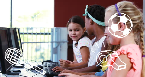 Schoolgirls Using Computers with Sport-themed Overlay Art