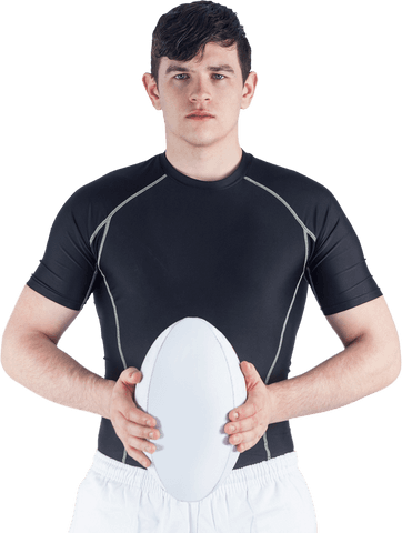 Transparent rugby player holding rugby ball with confident expression
