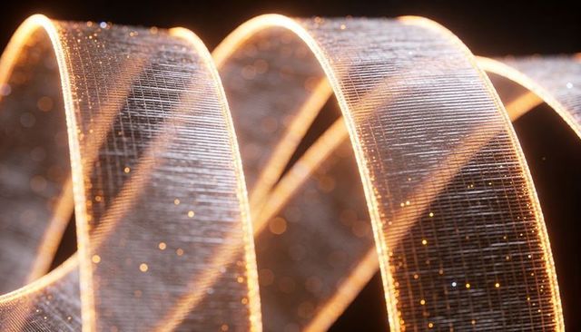 Macro golden mesh ribbon spiraling with warm bokeh glow and woven thread texture