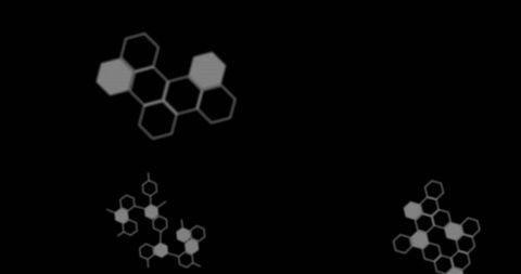 Floating hexagon clusters over black canvas creating minimalist honeycomb geometry pattern