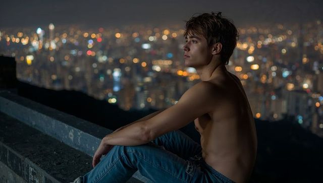 Shirtless Asian man sitting on rooftop ledge gazing over bokeh city skyline at night