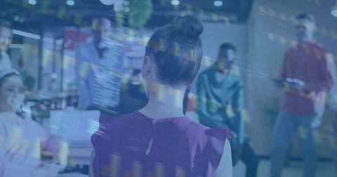 Woman Leading Business Presentation with Floating Bar Charts