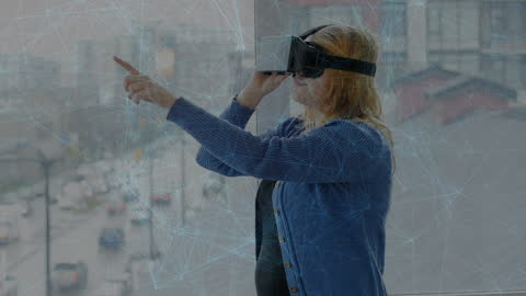 Caucasian Woman Using VR Headset for Virtual Networking