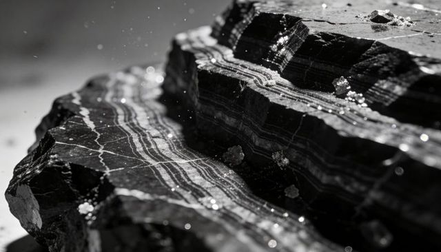 Revealing banded mineral with white vein strata and sparkling crystal grains, studio-lit
