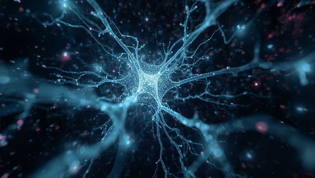 Glowing neuron network radiating dendrites and axon with synaptic nodes, cyan magenta