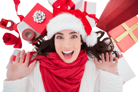 Cheerful Woman Surrounded by Festive Christmas Presents on Transparent Background