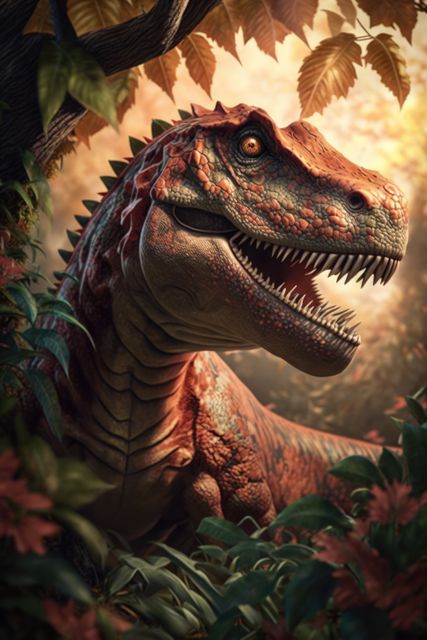 A large, roaring dinosaur shown in dense jungle foliage. Ideal for educational content on prehistoric life, children's books, and science exhibits. Perfect for themes involving adventure, danger, and the natural world.