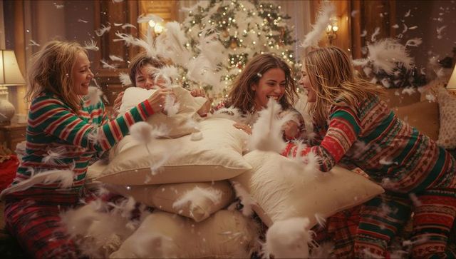 Joyful Family Pillow Fight with Festive Christmas Backdrop