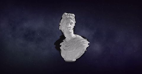 Digital Glitch Effect on Classic Sculpture Against Cosmic Backdrop