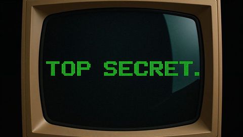 Vintage crt monitor displaying green dot matrix top secret text on curved monochrome screen