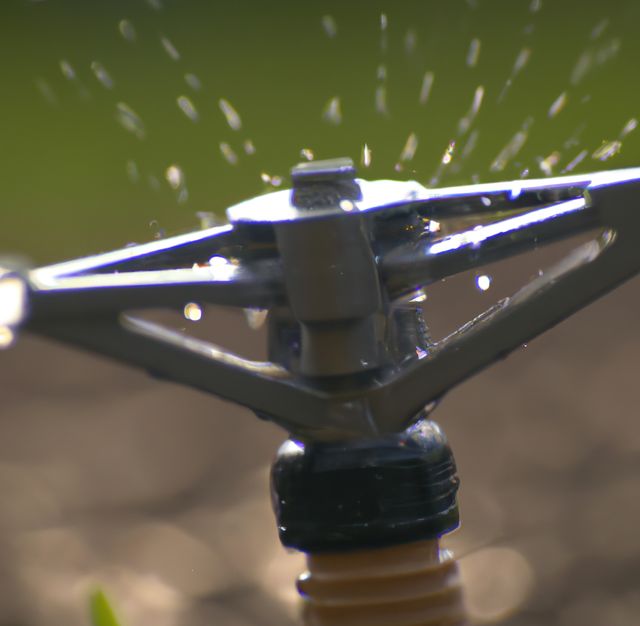 Close-up view of a garden sprinkler head releasing water in all directions. Useful for illustrating topics related to gardening, irrigation systems, water conservation, or farming. Ideal for use in articles, newsletters, and blog posts about outdoor watering techniques and equipment.