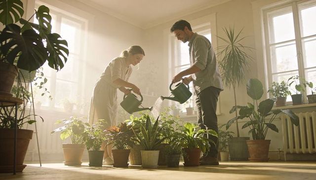 Couple watering indoor plants in sunlit living room caring for urban houseplants together