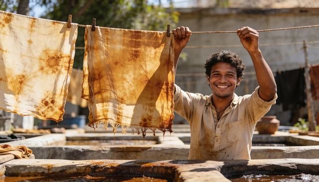 Smiling dye worker hanging hand-dyed fabrics at traditional outdoor dye vats