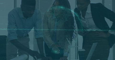 Diverse business professionals collaborating over data in office with digital globe depiction in background. Ideal for illustrating global business connections, multinational workforce, and importance of technology in corporate strategies.