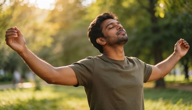 Indian man enjoying sunlit park with arms outstretched, serene mindfulness and deep breathing