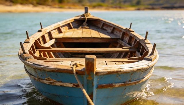 Weathered blue wooden rowboat moored in sunlit shallow lagoon showing interior ribs