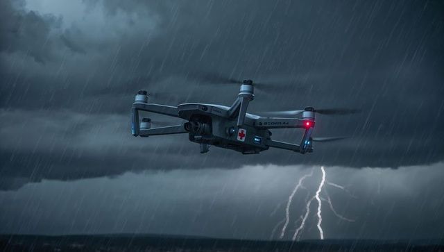 Emergency medical drone hovering through violent storm over dark ocean with lightning