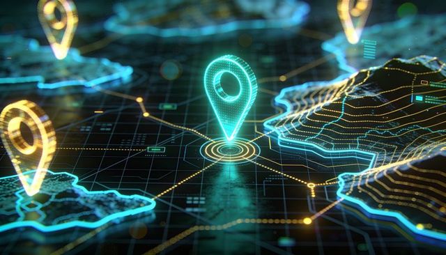 Hovering teal location pin over holographic 3d map with glowing gold network nodes