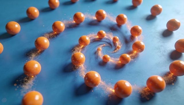 Spiraling glossy orange spheres creating glitter trails on smooth blue surface