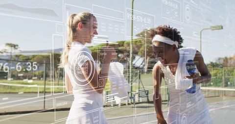 Female Tennis Players Fist Bump on Court with Digital Interface Overlay