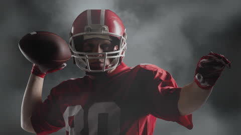 Rugby Player Throwing Ball in Action Against Dramatic Clouds