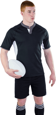 Teenage rugby player holding ball in transparent background