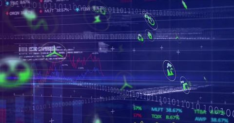 Futuristic Holographic Data Dashboard Showing Analytics, Binary Code, Line Graphs, Icons