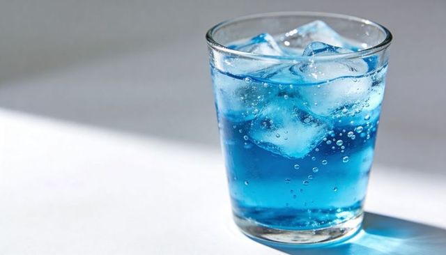 Bright blue soda chilling in clear glass with ice and bubbles on white surface, minimal