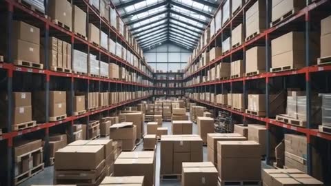 Expansive Warehouse Aisle with Shelving and Boxed Inventory