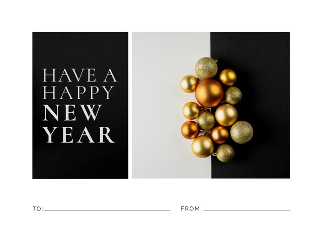 Composition of happy new year text and gold baubles decoration over black and grey stripes. Happy new year and celebration concept.
