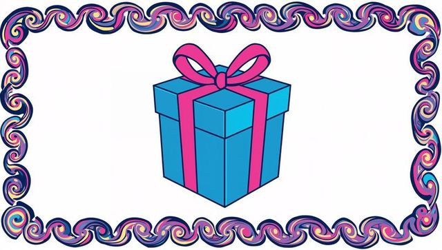 Blue gift box with hot pink ribbon and swirling multicolor border for party design