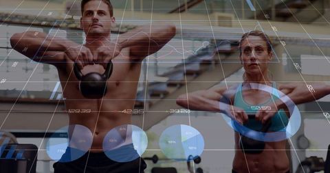 Couple training with kettlebells and fitness data overlays for performance tracking