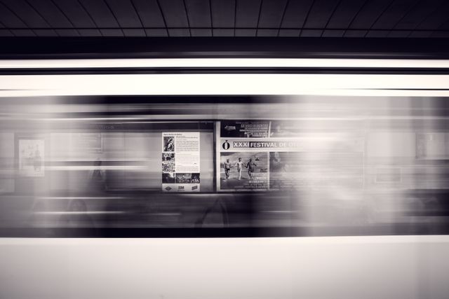 This image captures the motion blur of a train passing by, with visible advertisements on the station wall in the background. Ideal for use in campaigns related to urban transportation, speed, city life, or public transit. It can also be used in articles or presentations discussing metro systems, advertising placements, or the hustle and bustle of city life.