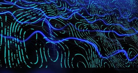 Flowing Neon Contour Waves Across Digital Data Grid for Futuristic Tech Background