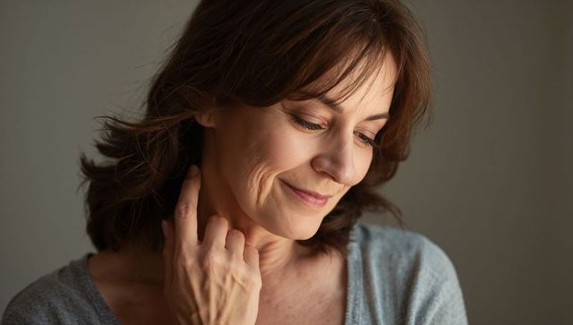 Serene middle-aged woman tilting head with hand on neck, soft light gentle smile portrait
