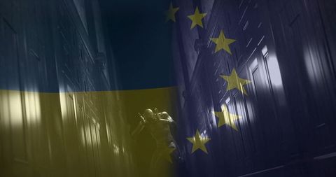 Tactical soldier moving through narrow hallway with ukrainian and eu flag overlay