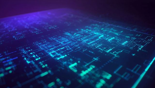 Futuristic holographic interface with neon-blue schematics