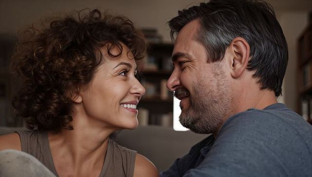 Intimate couple sharing warm moment on sofa, smiling and making eye contact