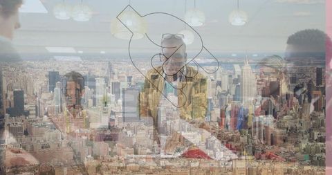 Business Team Brainstorming with Urban Cityscape Overlay