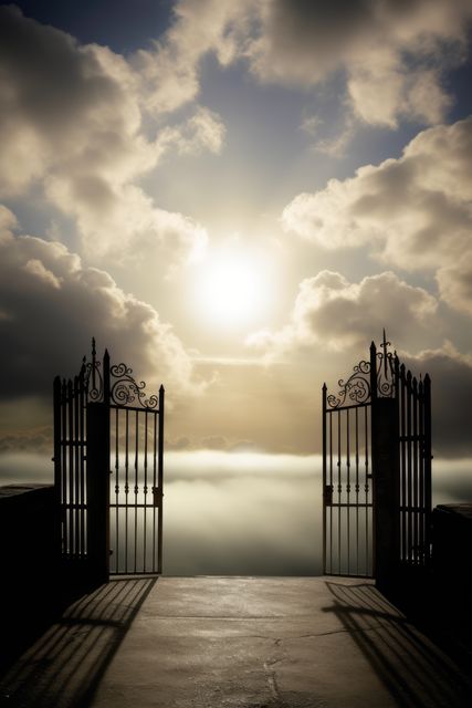 Iron gates stand open, leading to a breathtaking cloudscape under a dramatic sunrise. Clouds fill the sky with sunlight breaking through, creating an ethereal, heavenly atmosphere. Perfect for themes related to spirituality, hope, dreams, the afterlife, and inspiration. Ideal for websites, posters, and wallpapers invoking a sense of serenity and transcendence.
