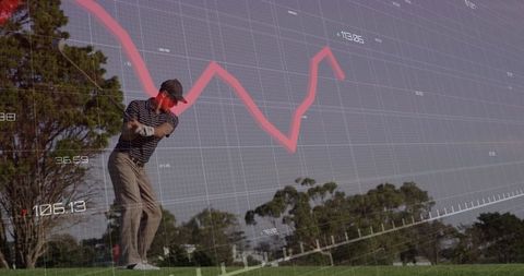 Golfer practicing swing with financial graph overlay play strategy