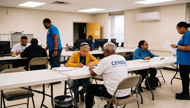 Completing census registration and outreach forms in community room with volunteers