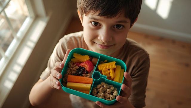 Smiling boy holding healthy bento lunchbox with colorful fruit and veggies in window light