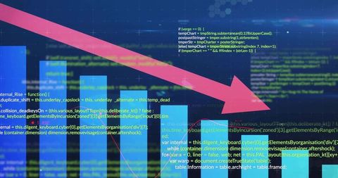 Magenta Arrow Slanting Across Declining Digital Bar Chart with Code Overlay