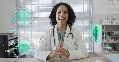 Biracial Female Doctor Interacting with Digital Interface in Modern Office